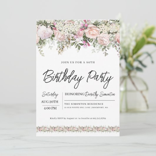 ピンクエレガントローズフローラ80誕生日 招待状 (スタンド正面)