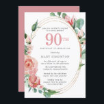 ピンクエレガントローズフローラ90th誕生日パーティー 招待状<br><div class="desc">ピンクエレガントのバラがこの90歳の誕生日の招待で美しいフローラフェミニンデザインを作成する。ピンクのバラは緑の深いに囲ま葉れている。バラと葉はシック数々のストランドの金ゴールドフレーム。90日は大き書いピンクの文字。残りの文字は濃い灰色。招待状の裏が赤い。この招待はピンクローズエレガントフローラコレクションの一部だ。90歳の誕生日パーティーの招待を簡単にかわいらし作成すユニークるテンプレートが含まれている。また、パーティー・サプライを作成するテンプレートも含まれる。このページにリンクが表示されるはずです。リンクもしが表示されない場合は、私に連絡お願いする。</div>