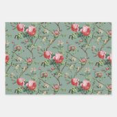 ピンクエレガントローズフローラ – セージ、ティール（緑がかった色）、旧バラBG ラッピングペーパーシート (正面2)