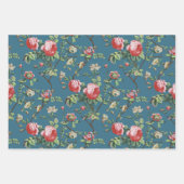 ピンクエレガントローズフローラ – セージ、ティール（緑がかった色）、旧バラBG ラッピングペーパーシート (正面)