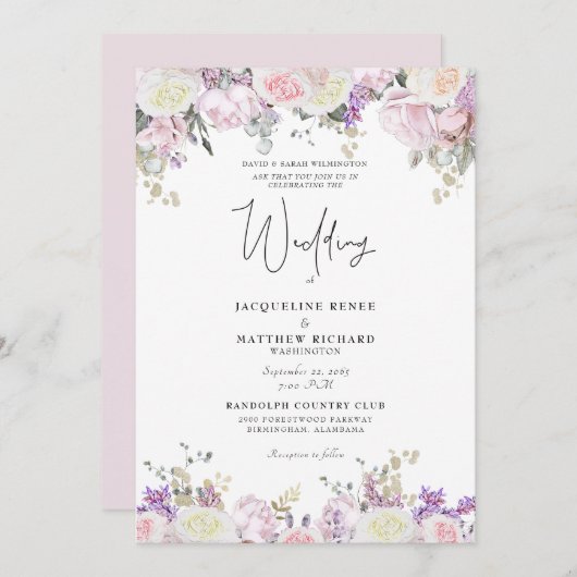 ピンクエレガントローズフローラ 招待状 (正面/裏面)