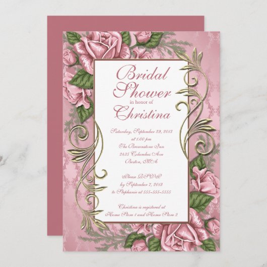 ピンクエレガントローズブライダルシャワー招待状 招待状 (正面/裏面)