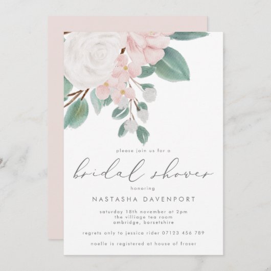 ピンクエレガントローズブライダルシャワー 招待状 (正面/裏面)