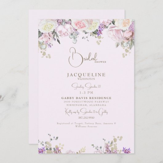 ピンクエレガントローズブライダルシャワー 招待状 (正面/裏面)