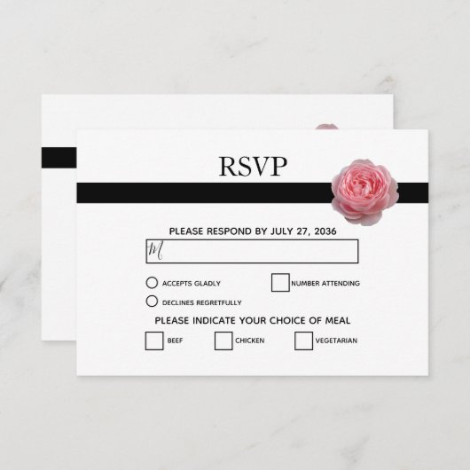 ピンクエレガントローズブラックリボンウェディングRSVPカード 出欠カード (正面/裏面)