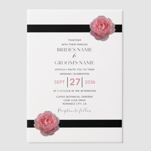 ピンクエレガントローズブラックリボン結婚式招待状 ベラム紙招待状 (正面)