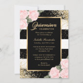 ピンクエレガントローズブラック金ゴールド紙吹雪キンセアニラ 招待状 (正面)