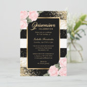 ピンクエレガントローズブラック金ゴールド紙吹雪キンセアニラ 招待状 (スタンド正面)