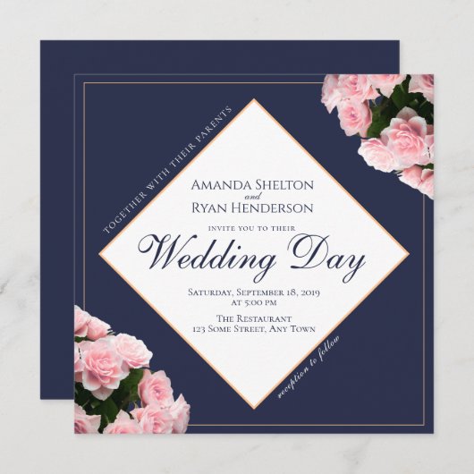 ピンクエレガントローズブーケ花フローラ結婚ズ 招待状 (正面/裏面)