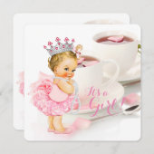 ピンクエレガントローズペタルティーカップベビーシャワーティー 招待状 (正面/裏面)