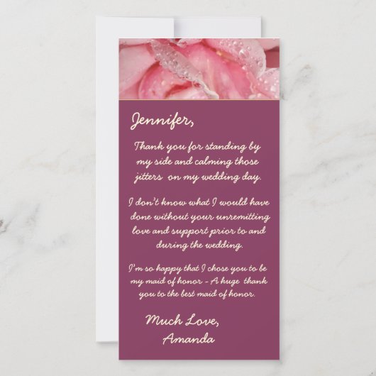 ピンクエレガントローズペタルメイド・オブ・オーナー（花嫁付き添い人）に露 サンキューカード (裏面)