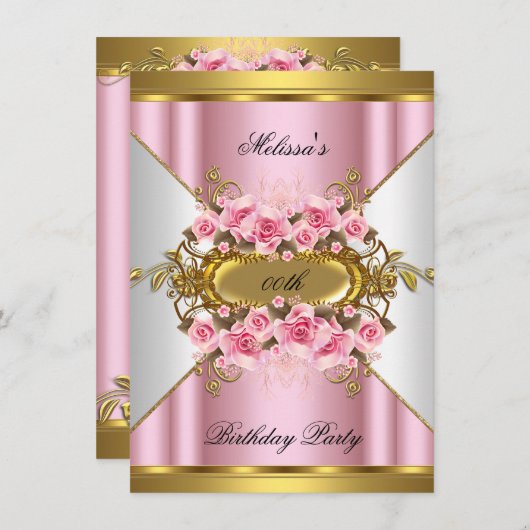 ピンクエレガントローズホワイト金ゴールド誕生日パーティー 招待状 (正面/裏面)