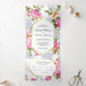 ピンクエレガントローズボタニカルガーデン3 in 1結婚 s 三つ折り招待状 (内部)