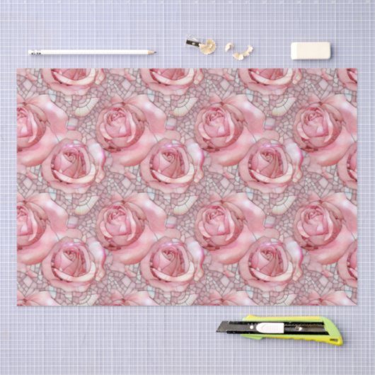 ピンクエレガントローズモザイクパターン誕生日 薄葉紙 (クラフト)