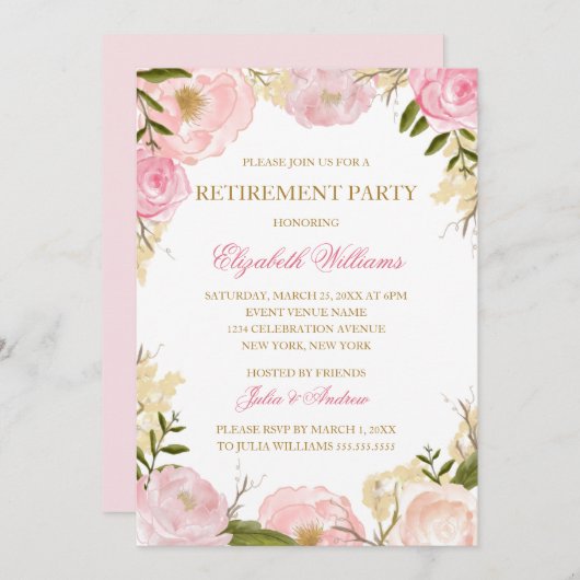 ピンクエレガントローズリタイアメントパーティーカード 招待状 (正面/裏面)