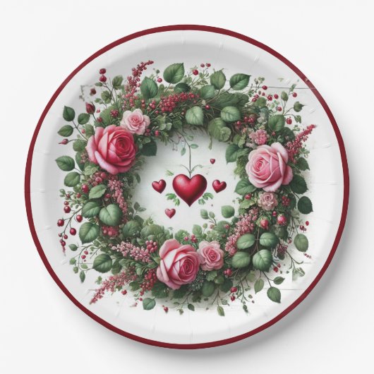 ピンクエレガントローズリース赤いハート紙プレート ペーパープレート (正面)