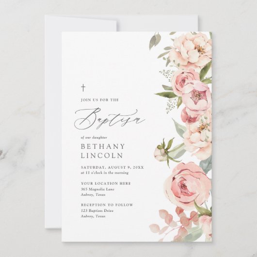 ピンクエレガントローズ牡丹フローラガールバプテスマ 招待状 (正面)