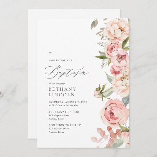 ピンクエレガントローズ牡丹フローラガールバプテスマ 招待状 (正面/裏面)