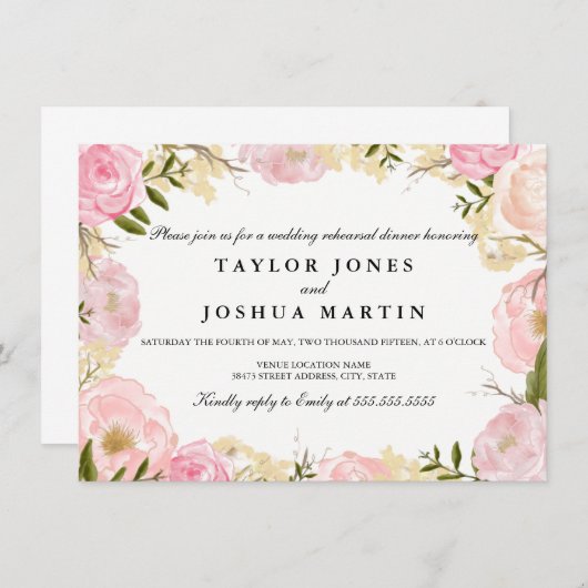 ピンクエレガントローズ結婚のリハーサルディナー招待状 招待状 (正面/裏面)