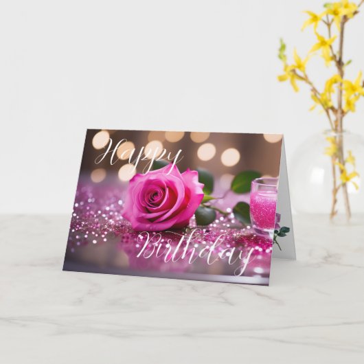 ピンクエレガントローズ誕生日挨拶 カード (黄色い花)