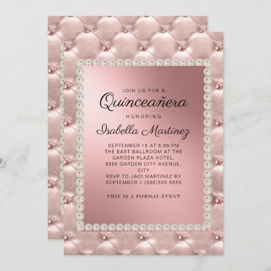 ピンクエレガントローズ金ゴールドキンセアニラ写真真珠 招待状 (正面/裏面)