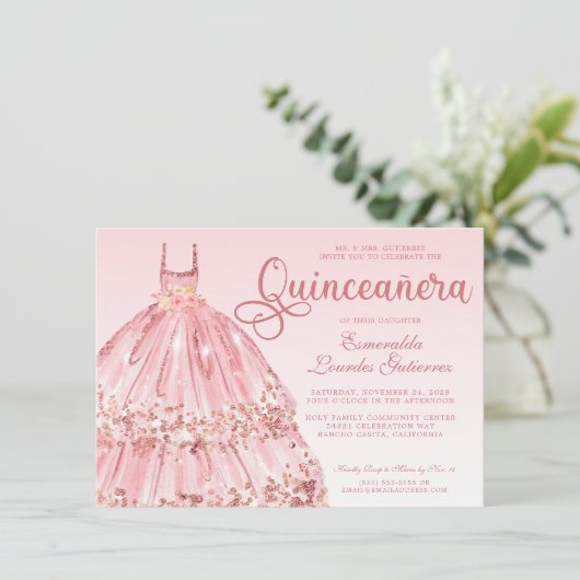 ピンクエレガントローズ金ゴールドグリッターキンセアニラ 招待状 (スタンド正面)