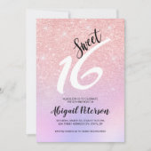 ピンクエレガントローズ金ゴールドグリッターグラデーションsweet sixteen 招待状 (正面)