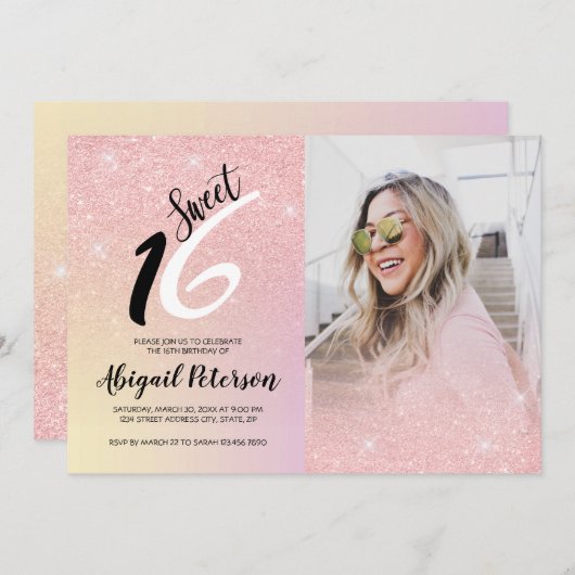 ピンクエレガントローズ金ゴールドグリッターグラデーションsweet sixteen 招待状 (正面/裏面)