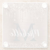 ピンクエレガントローズ金ゴールドグリッタードライモノグラムのプ ガラスコースター (裏面)