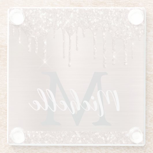 ピンクエレガントローズ金ゴールドグリッタードライモノグラムのプ ガラスコースター (裏面)