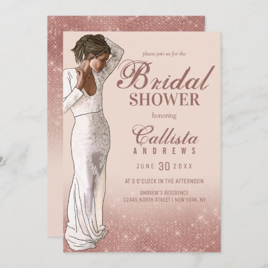 ピンクエレガントローズ金ゴールドグリッタードレスブライダルシャワー 招待状 (正面/裏面)