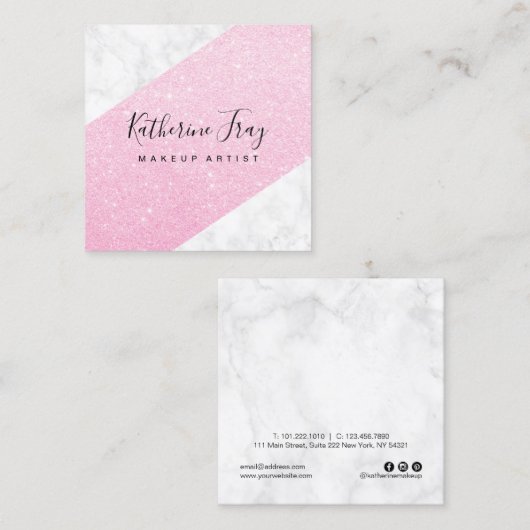 ピンクエレガントローズ金ゴールドグリッター白大理石化粧 スクエア名刺 (正面/裏面)