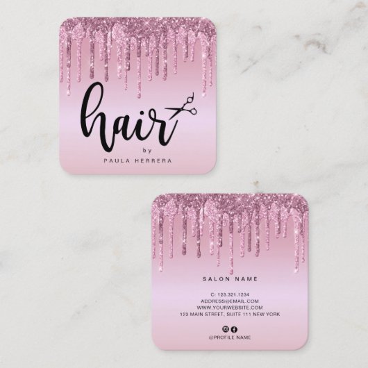 ピンクエレガントローズ金ゴールドグリッター スクエア名刺 (正面/裏面)