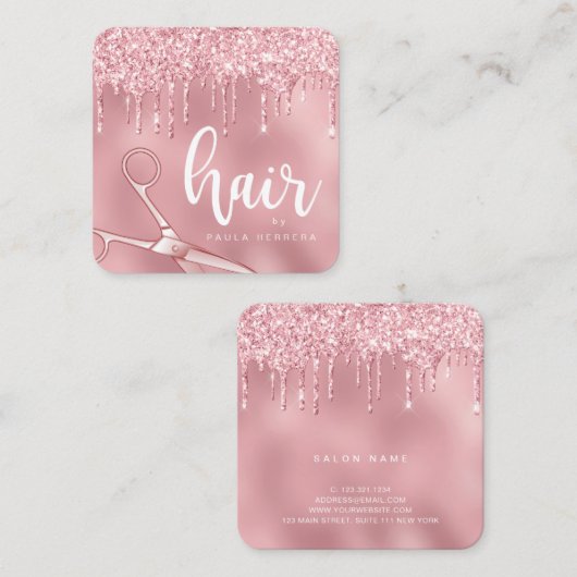 ピンクエレガントローズ金ゴールドグリッター スクエア名刺 (正面/裏面)