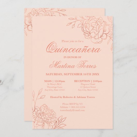 ピンクエレガントローズ金ゴールドスケッチフローラキンセアニェラ 招待状 (正面/裏面)