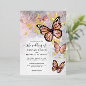 ピンクエレガントローズ金ゴールドバタフ結婚ィーズ実在 箔招待状 (立ち正面)