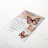 ピンクエレガントローズ金ゴールドバタフ結婚ィーズ実在 箔招待状 (回転した状態)