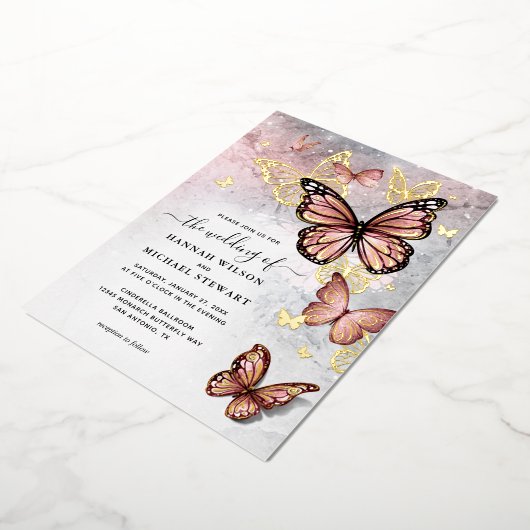 ピンクエレガントローズ金ゴールドバタフ結婚ィーズ実在 箔招待状 (回転した状態)