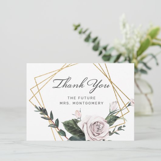 ピンクエレガントローズ金ゴールドフレームフローラブライダルシャワー サンキューカード (スタンド正面)