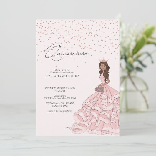 ピンクエレガントローズ金ゴールドフローラキンセアニェラ誕生日 招待状 (スタンド正面)