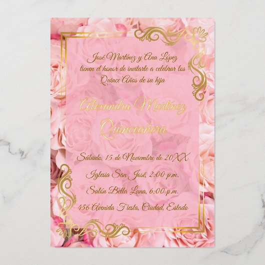 ピンクエレガントローズ金ゴールドフローラキンセアニラ 箔招待状 (正面)