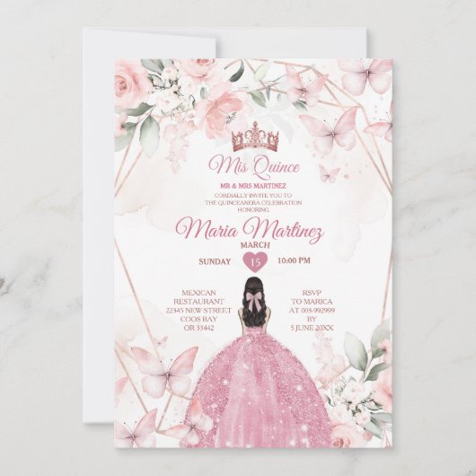 ピンクエレガントローズ金ゴールドフローラプリンセスミスカンス 招待状 (正面)