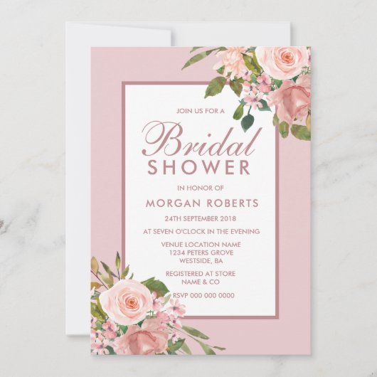 ピンクエレガントローズ金ゴールドブライダルシャワー招待状 招待状 (正面)