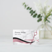 ピンクエレガントローズ金ゴールド大理石鋏ヘアリスト 名刺 (スタンド正面)