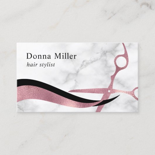 ピンクエレガントローズ金ゴールド大理石鋏ヘアリスト 名刺 (正面)