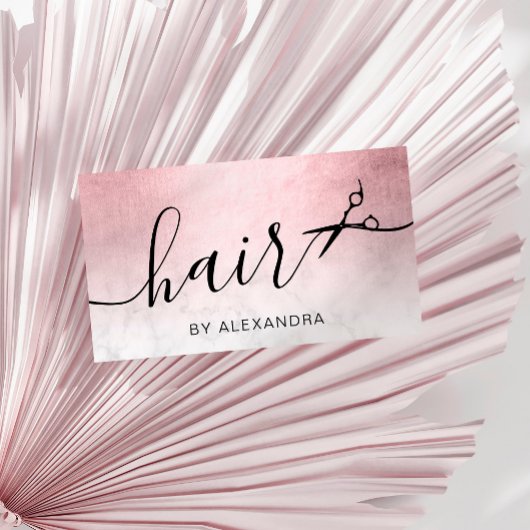 ピンクエレガントローズ金ゴールド大理石鋏ヘアリスト 名刺