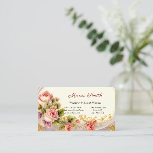 ピンクエレガントローズ金ゴールド結婚ズイベントプランナー 名刺 (スタンド正面)