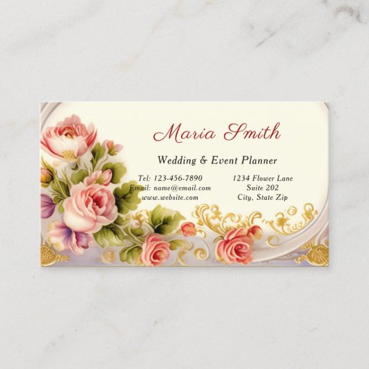 ピンクエレガントローズ金ゴールド結婚ズイベントプランナー 名刺 (正面)
