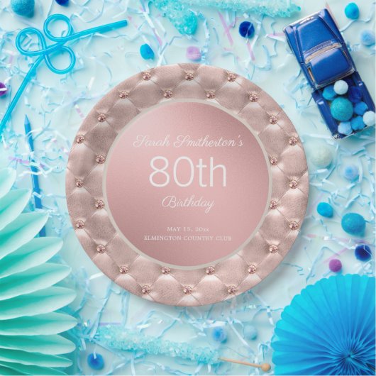 ピンクエレガントローズ金ゴールド80誕生日 ペーパープレート (パーティー)