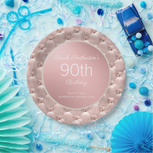 ピンクエレガントローズ金ゴールド90誕生日 ペーパープレート (パーティー)